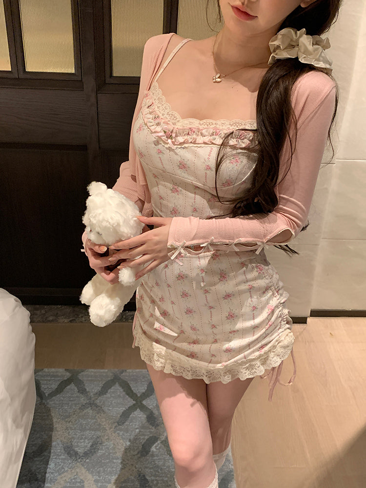 Monet Sweet Floral Lace White Camisole Top & Skirt & Pink Cardigan Three Piece Set - Sugarplum Store