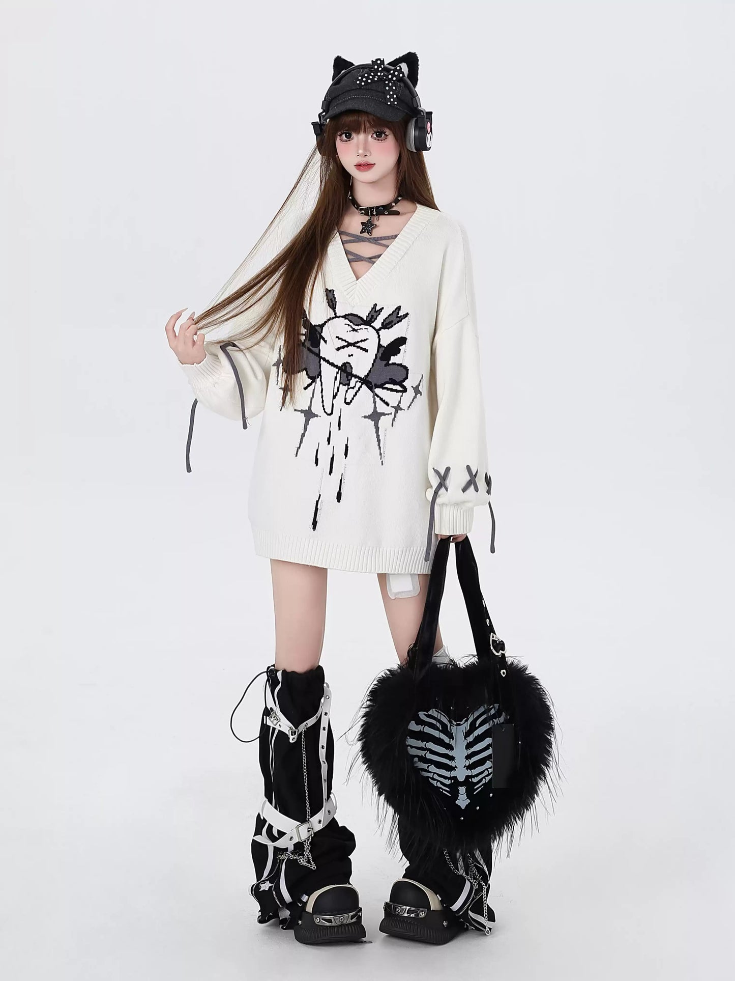 Crazy Girl Lovelorn Club Tooth Fairy Red Black White Knit Sweater - Sugarplum Store