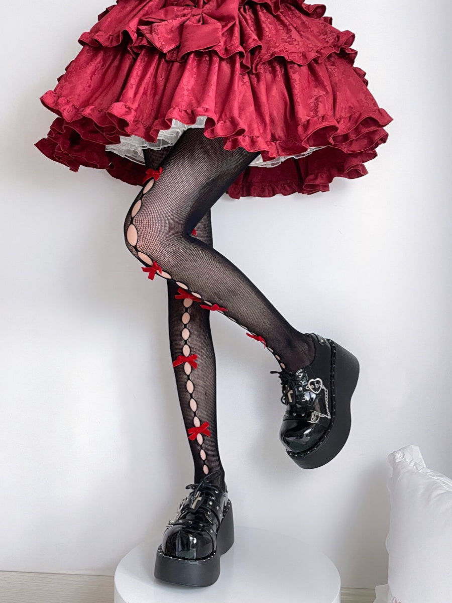 Lolita Bow Lace Hollow White Pink Red Purple Black Tights Stockings - Sugarplum Store