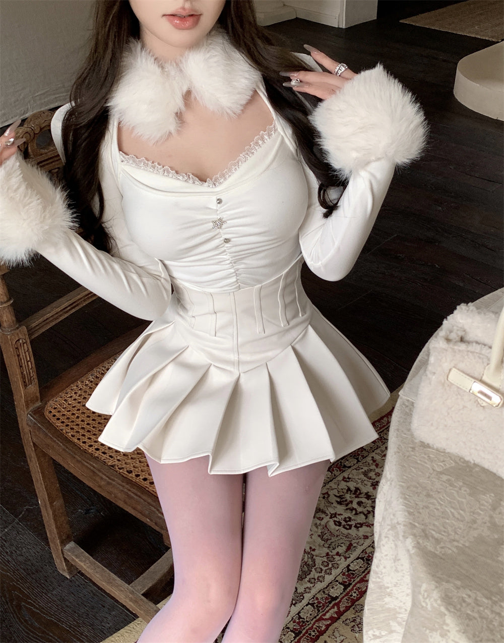 Kiki Fur Black White Sweater Shirt Top & Leather Pleated Skirt Two Piece Set - Sugarplum Store