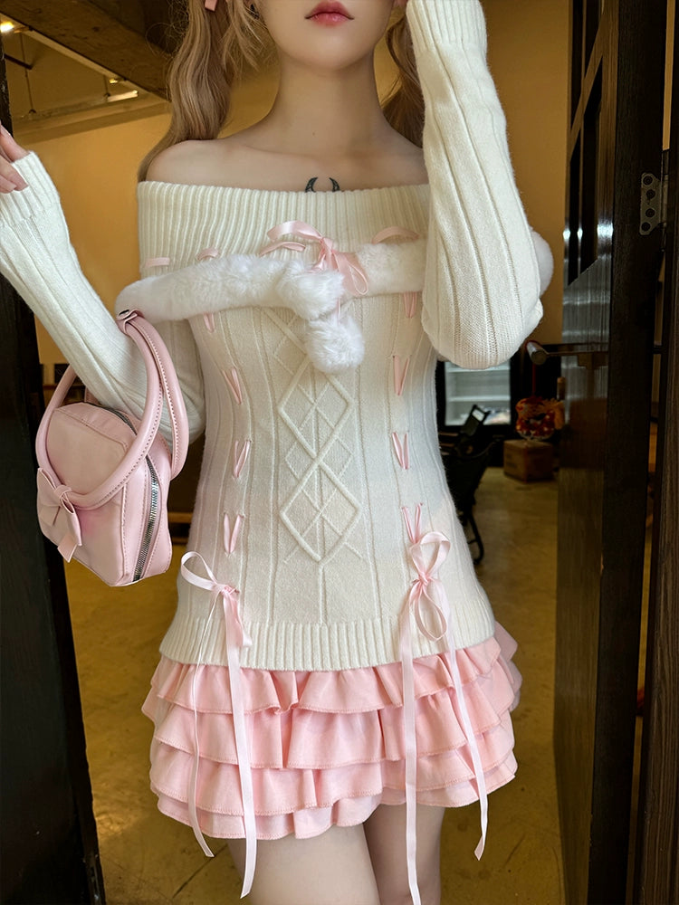 Mea Nana White Sweater & Pink Skirt Two Piece Set - Sugarplum Store