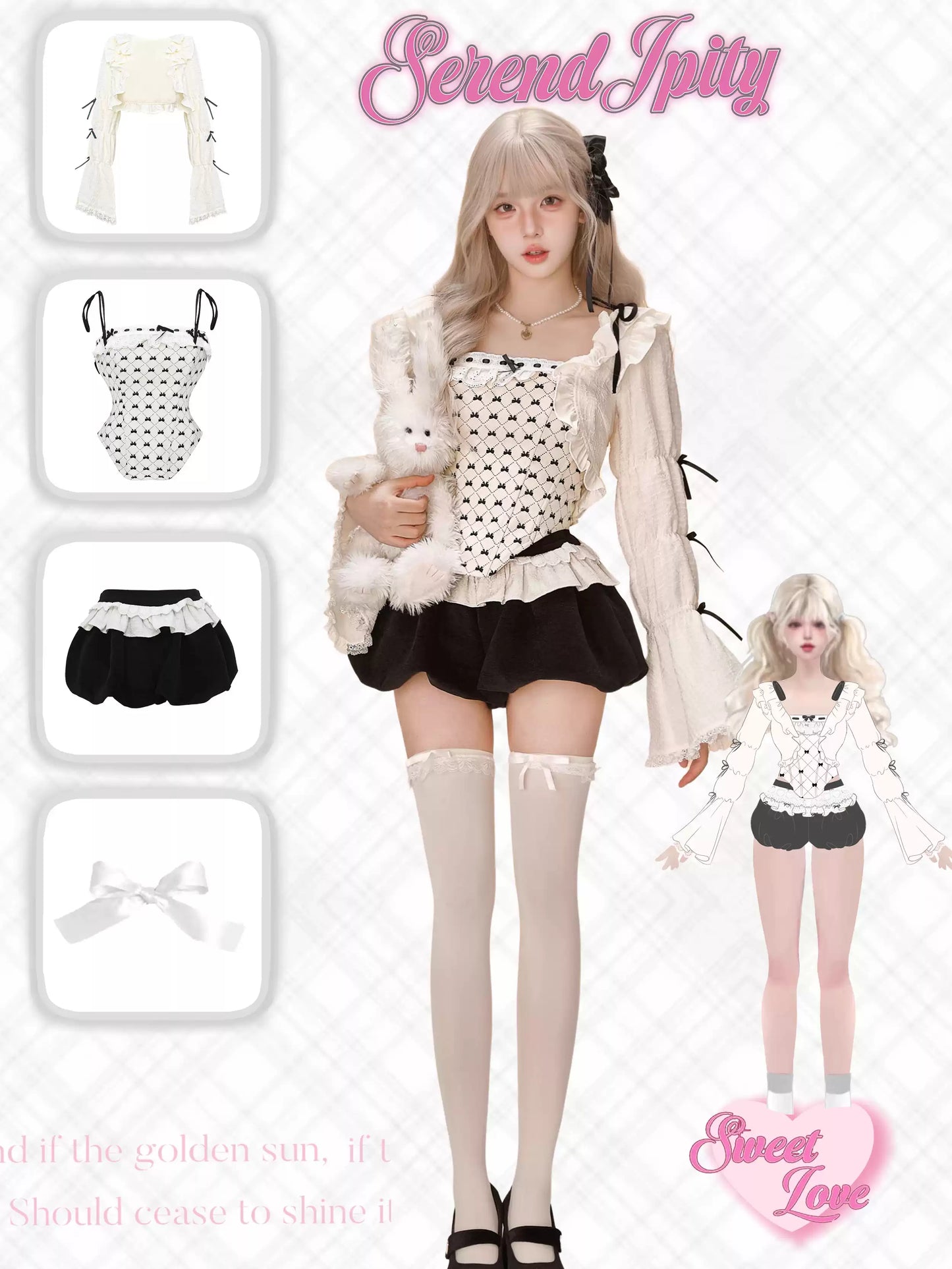 Serendipity Doll Series Cream Bow Corset & Cardigan & Black Velvet Bloomers Three Piece Set - Sugarplum Store