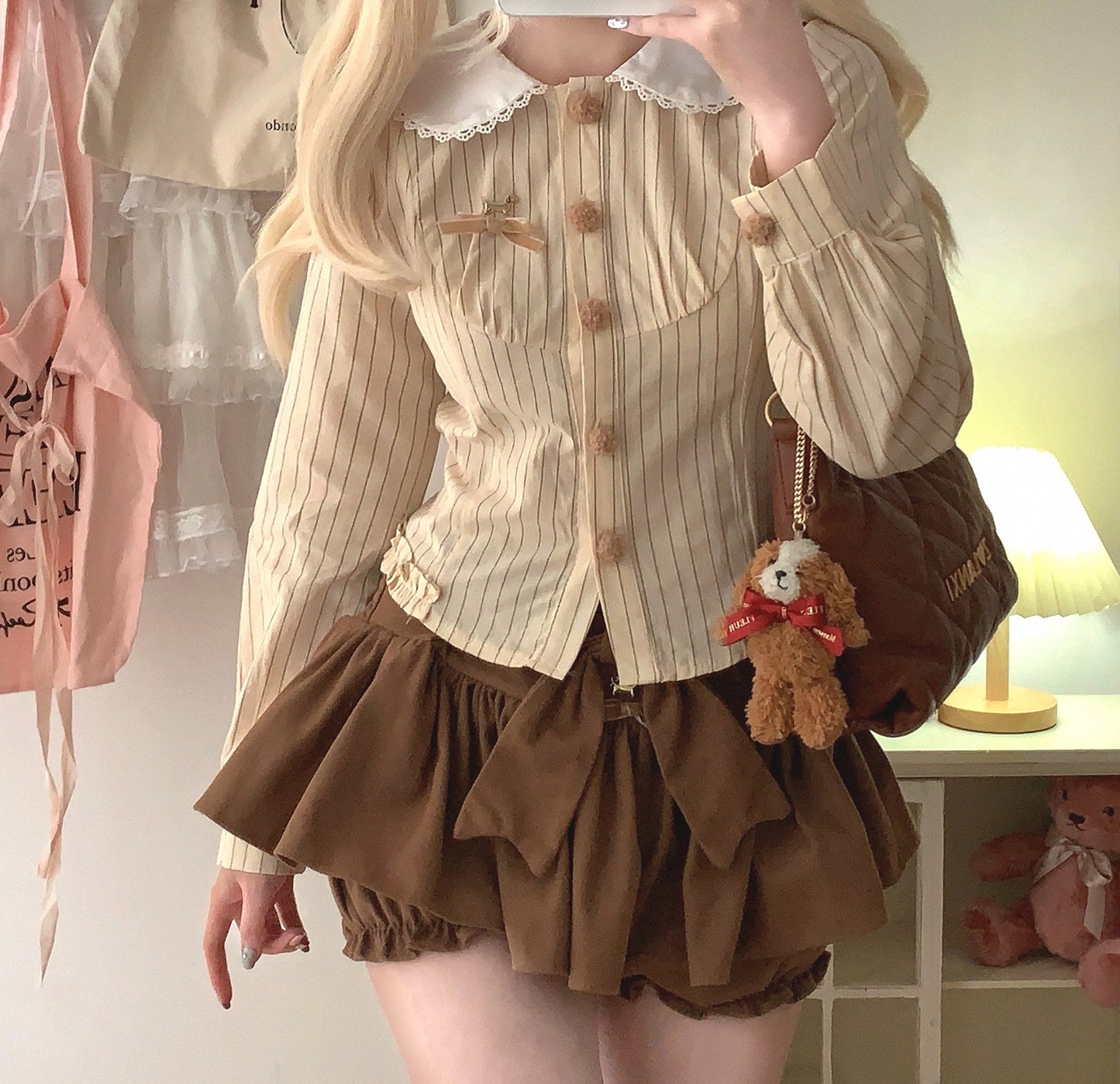 Dormir Doll Dachshund Puppy Bengal Stripe Doll Collar Cream Pink Shirt & Brown Shorts Two Piece Set - Sugarplum Store