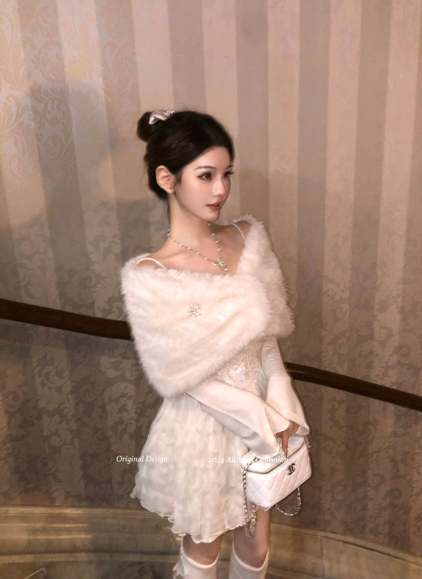 Acacia Noble Lady White Dress Fur Shawl Two Piece Set - Sugarplum Store