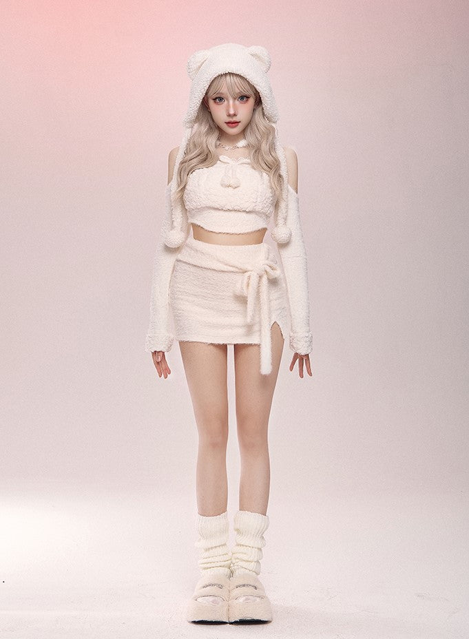 Serendipity Autumn White Polar Bear Plush Sweater Top & Mini Skirt & Hat Three Piece Set - Sugarplum Store