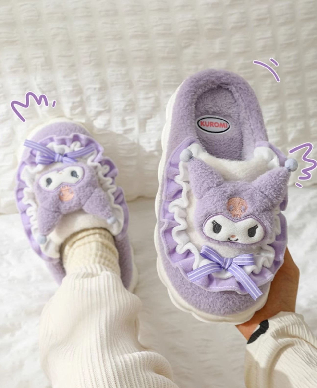 Kitty Cat Cinnamon Dog Melody Purple Devil Pompom Bow Winter Thick Plush Slippers Shoes - Sugarplum Store