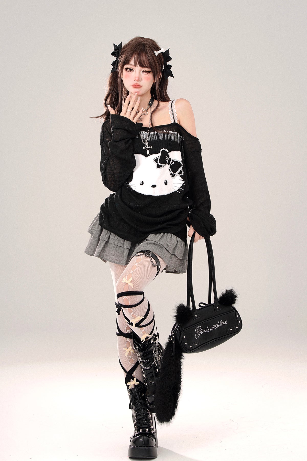 Young Eyes Lazy Kitty Cat Black & Gray Off Shoulder Top - Sugarplum Store