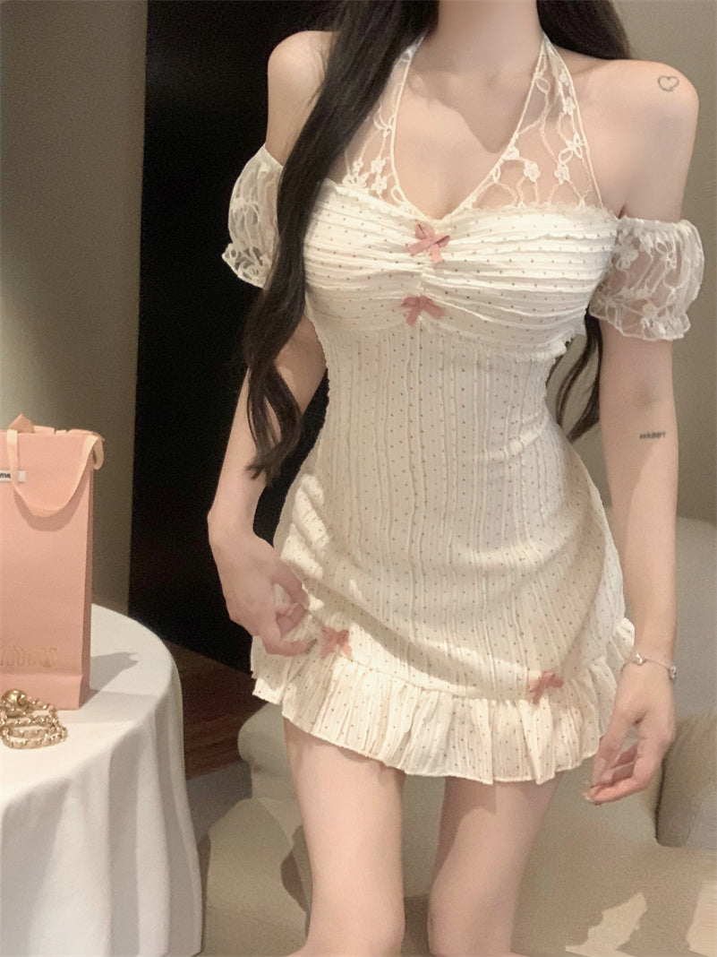 Creamy Cute Strawberry Milkshake White Halter Off Shoulder Dress - Sugarplum Store