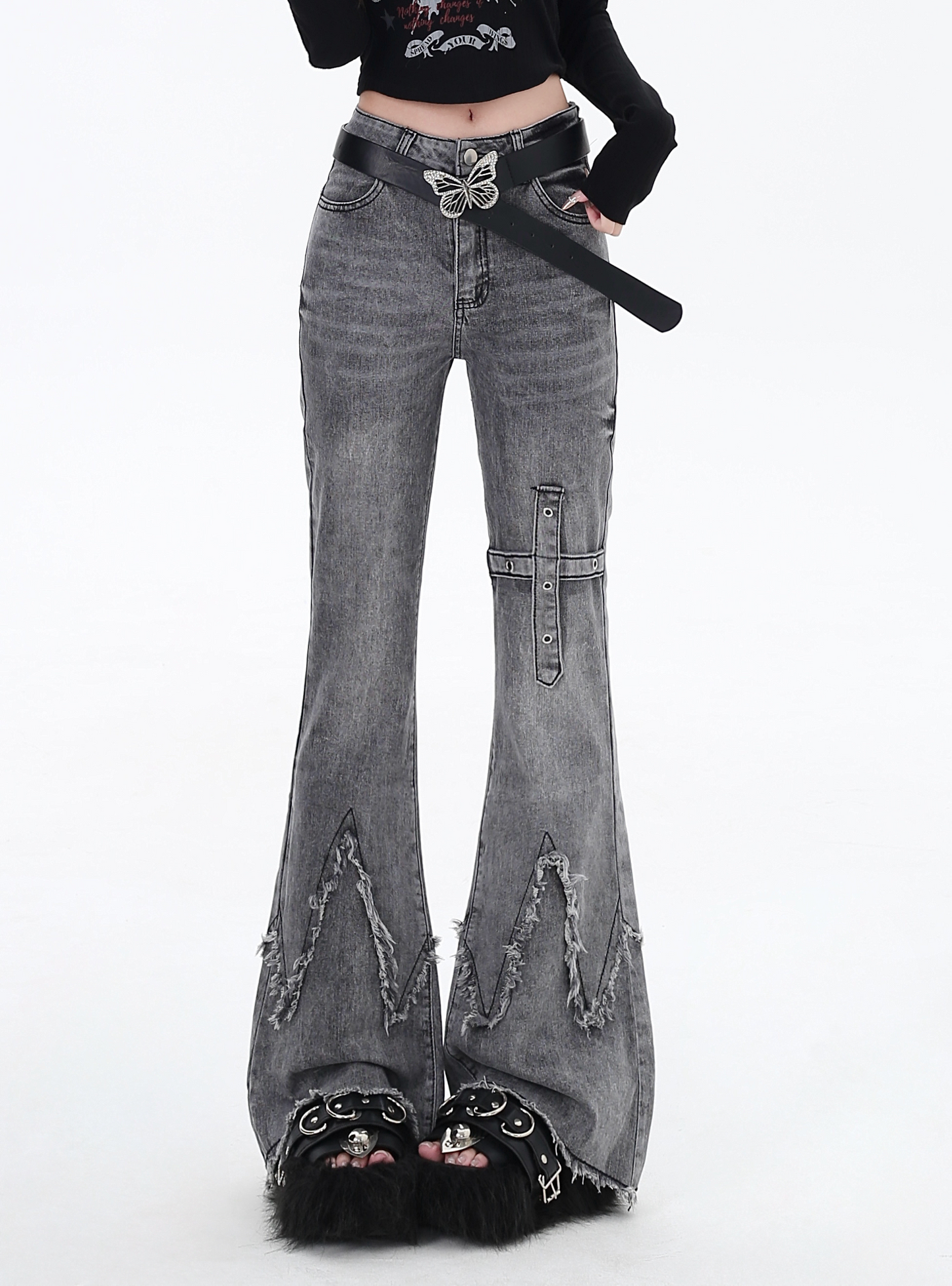 Crazy Girl Retro Petite Gray Denim Flared Jeans - Sugarplum Store