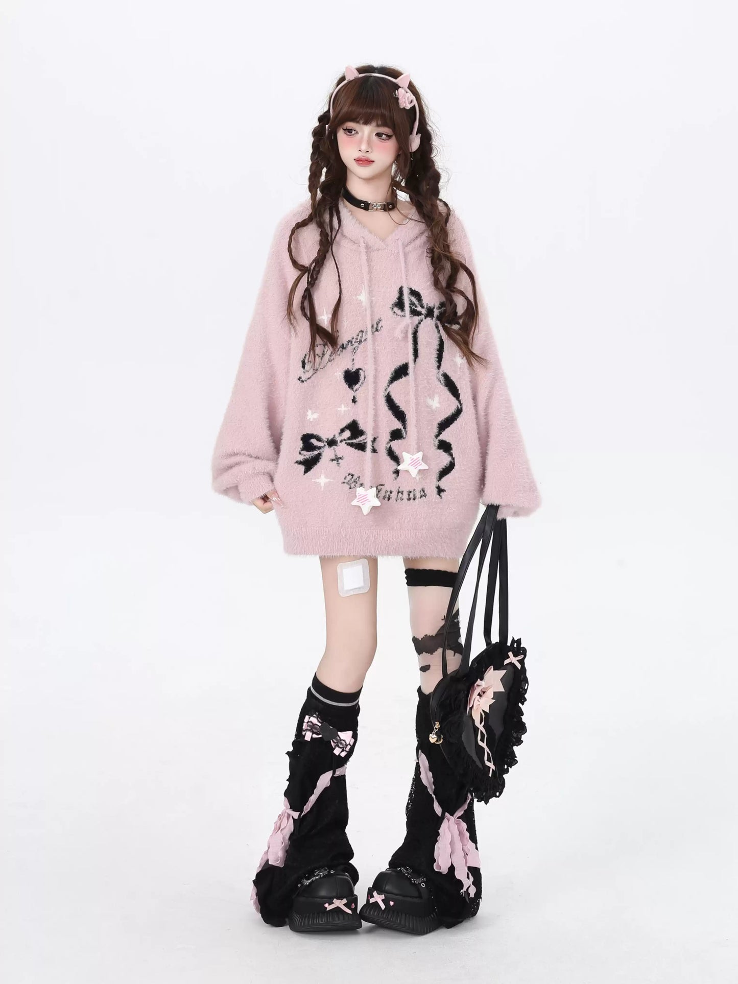 Crazy Girl Sticky Bow Black Pink Fuzzy Sweater Hoodie - Sugarplum Store