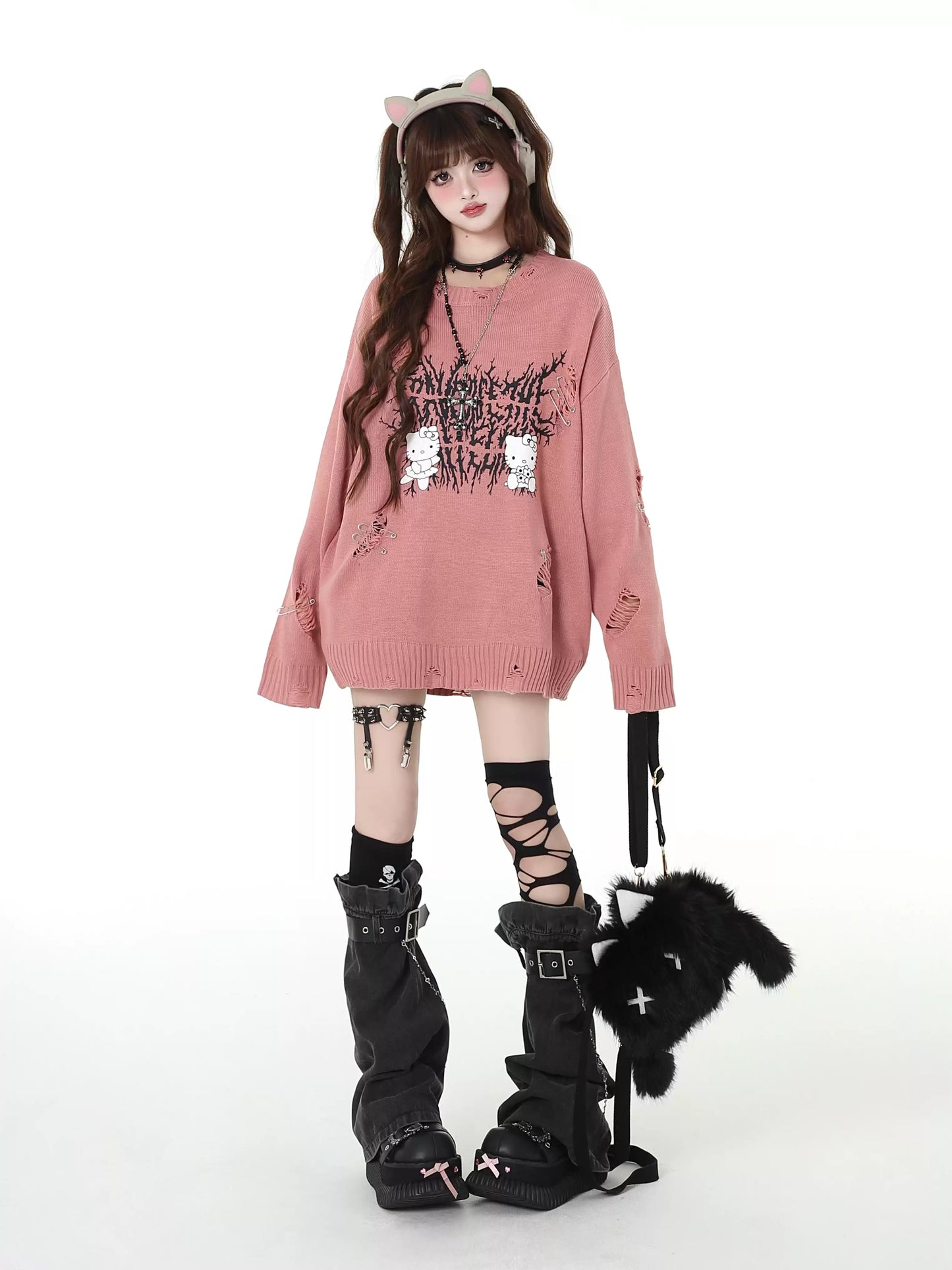 Crazy Girl Punk Kitty Clips Pink Black Knit Sweater - Sugarplum Store