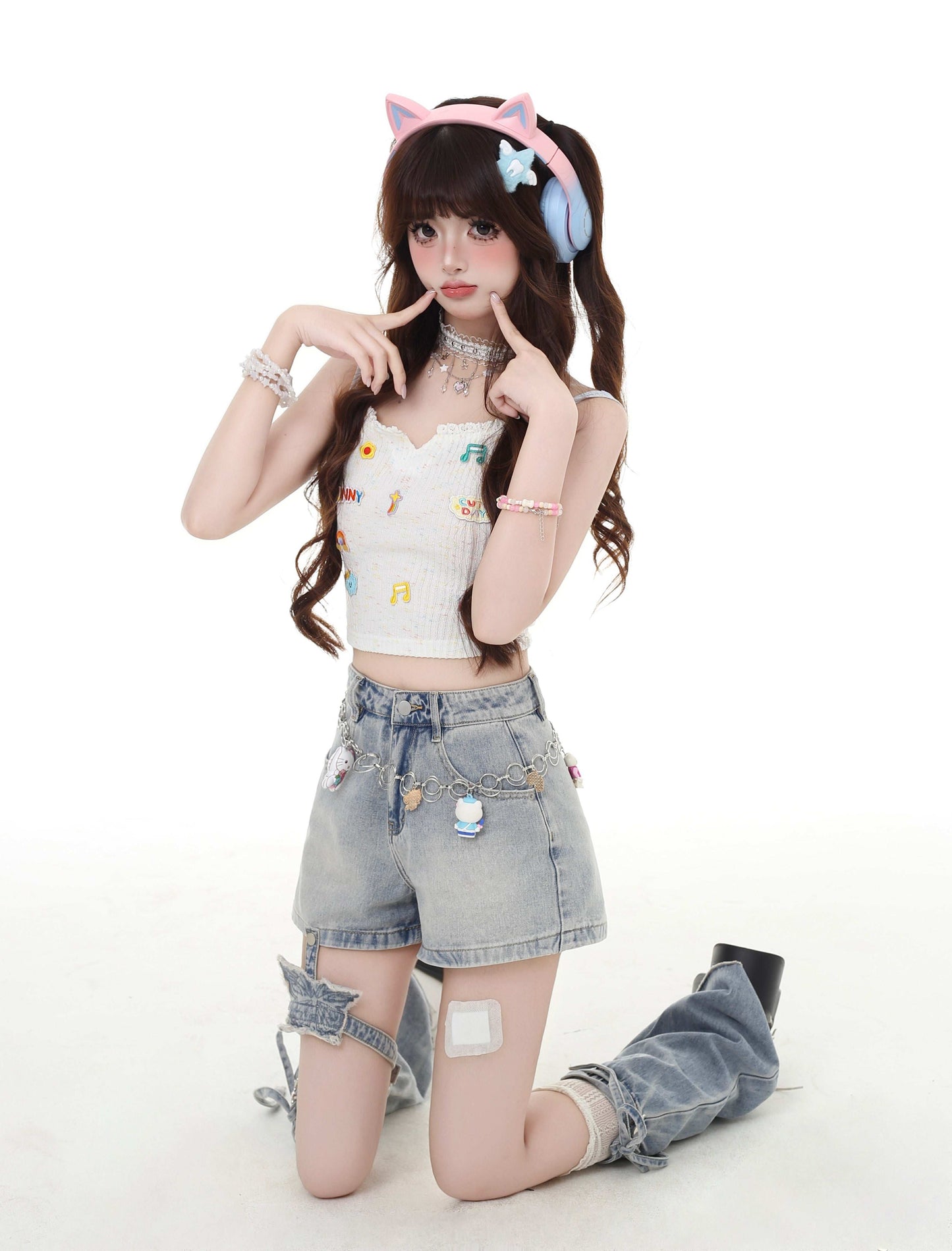 Crazy Girl Crushed Ice Blue Denim Shorts & Leg Warmers