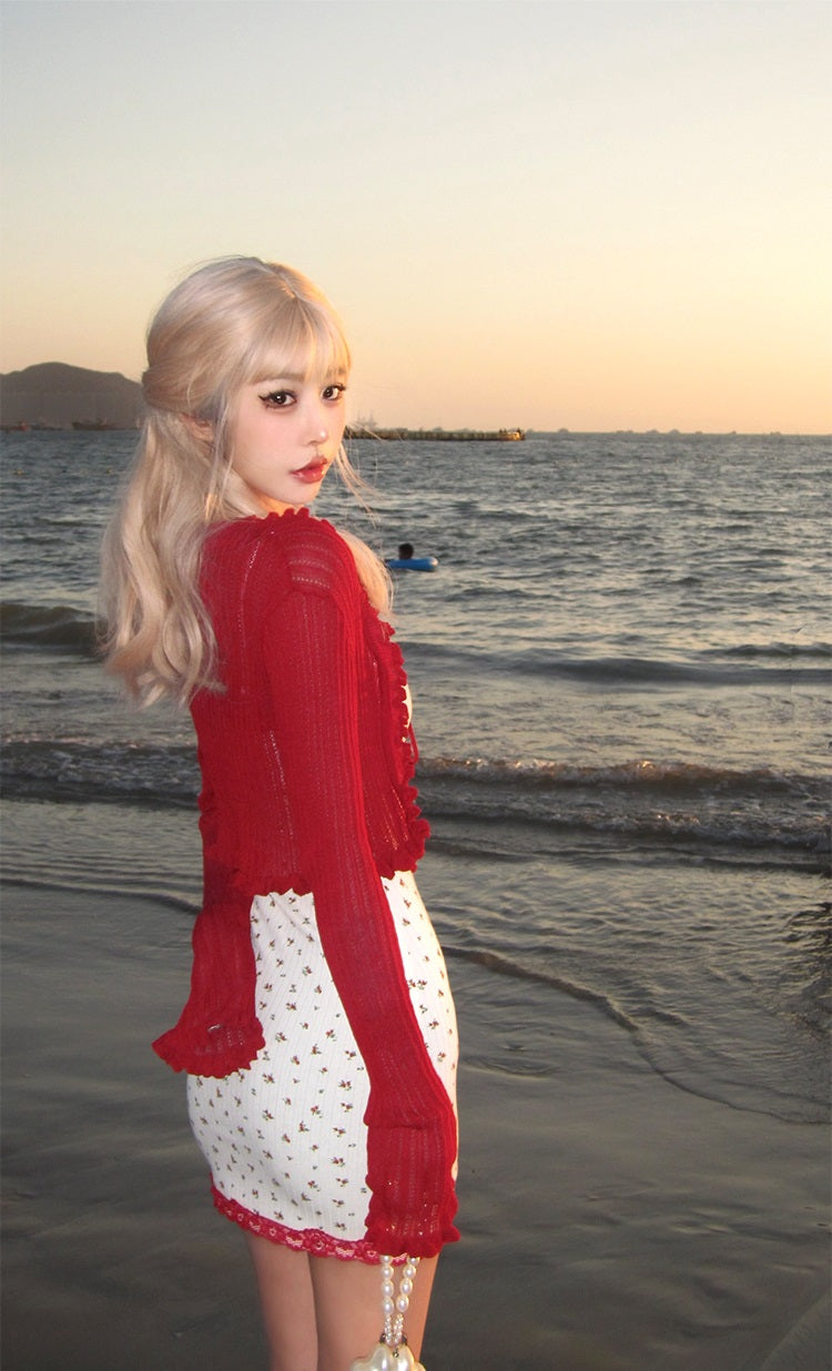 Monet Floral Strap Dress & Red Cardigan Two Piece Set - Sugarplum Store