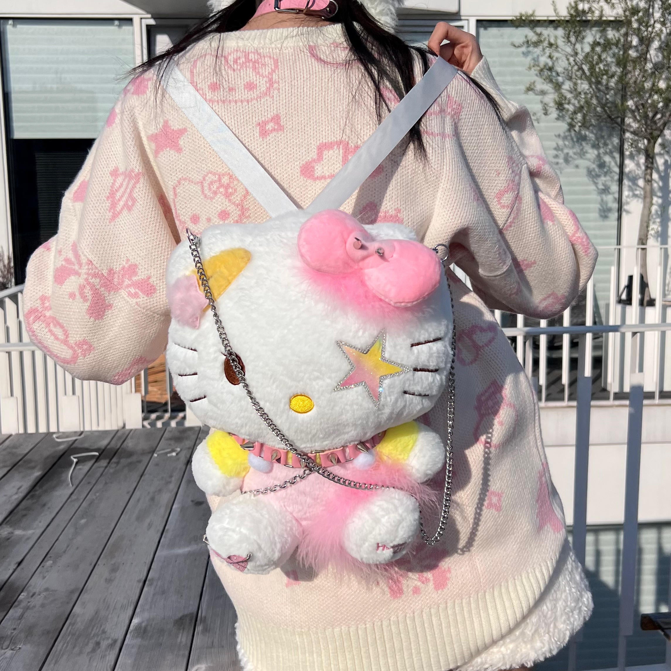 Kitty Cat Cartoon Cute Handmade Y2K Punk Rock Star Plush Doll Backpack – Sugarplum Store