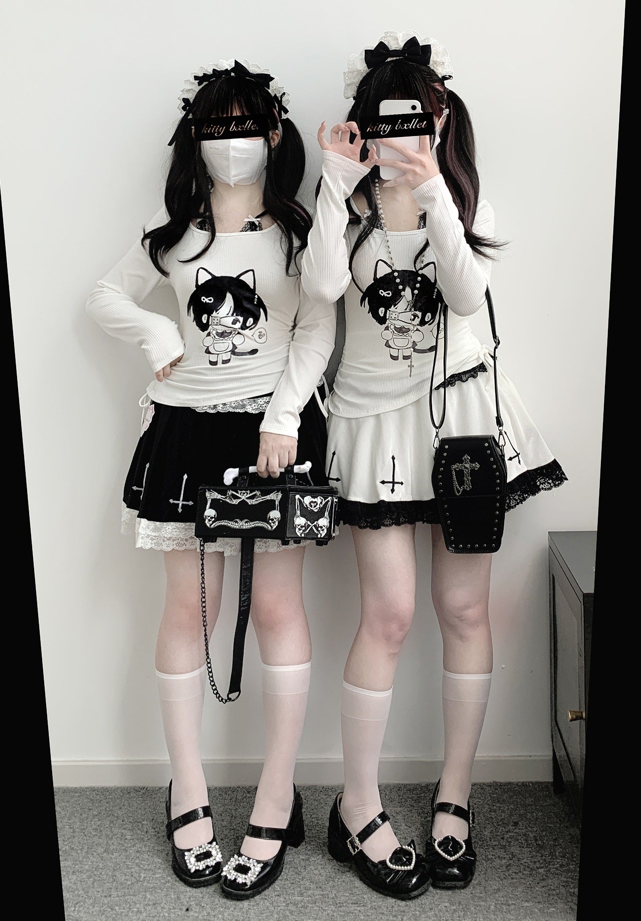 Kitten Bullet Jirai Kei Holy Cross Black White Velvet Skirt - Sugarplum Store