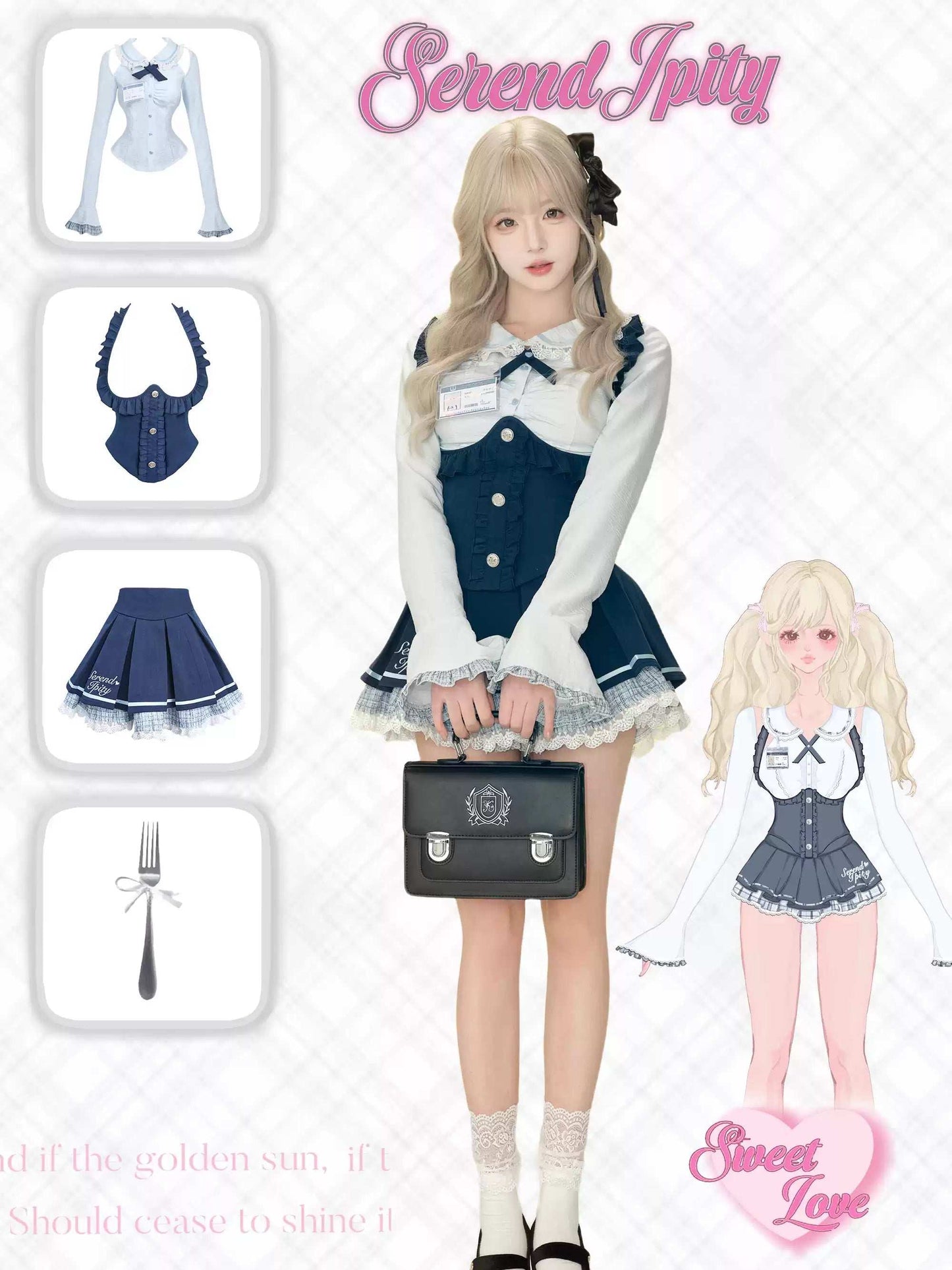 Serendipity College Department Blue Top & Vest & Skirt Three Piece Set