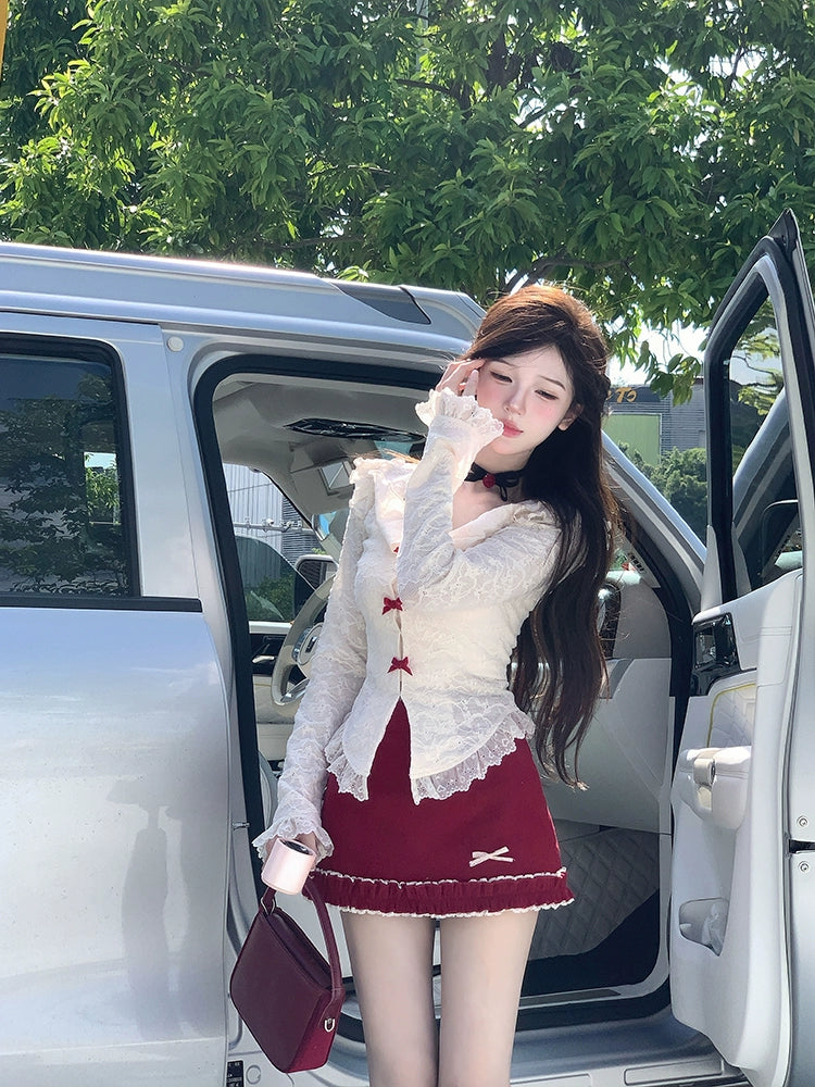 Creamy Cute City Love White Top & Red Skirt Two Piece Set - Sugarplum Store