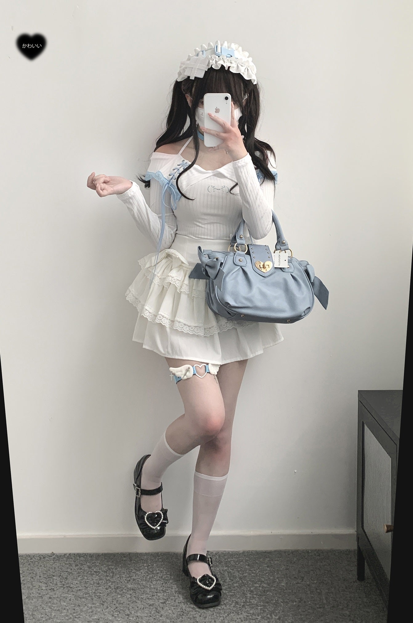 Kitten Bullet Prelude to Broken Love White Blue Black Off Shoulder Shirt Blouse - Sugarplum Store