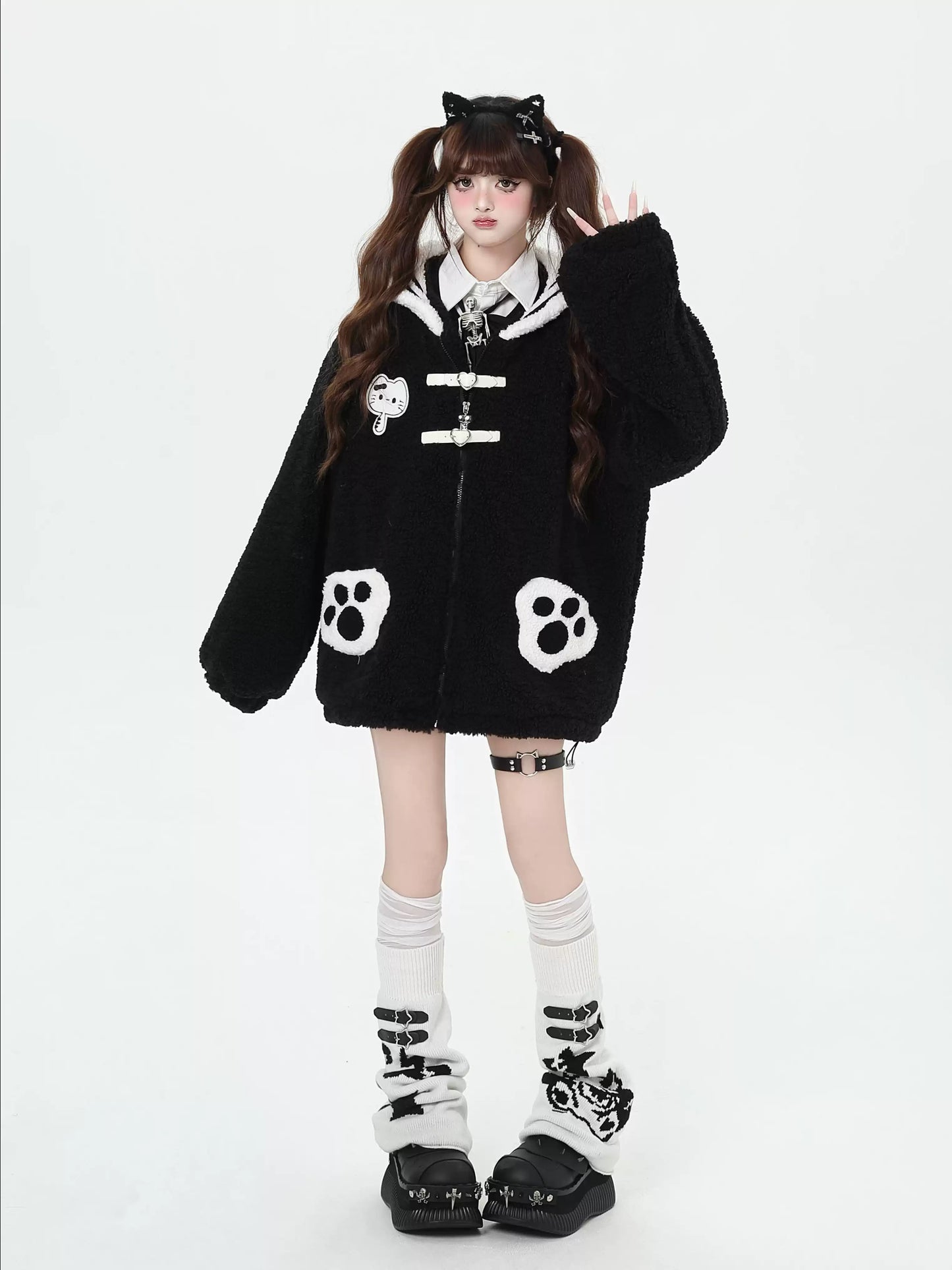 Crazy Girl Kitty Cat Claw Black Pink Plush Jacket - Sugarplum Store