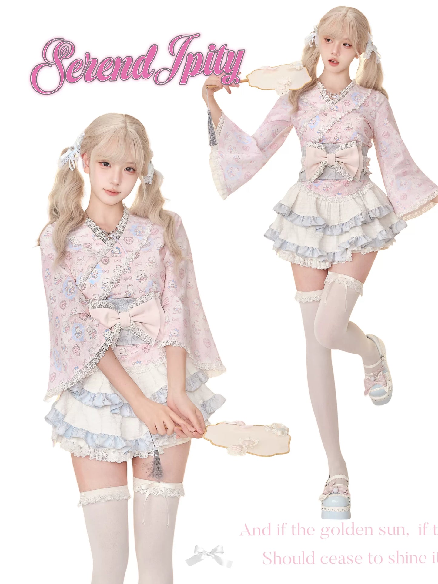 Serendipity Showa Story Pink Kimono Top & Skirt Two Piece Set - Sugarplum Store