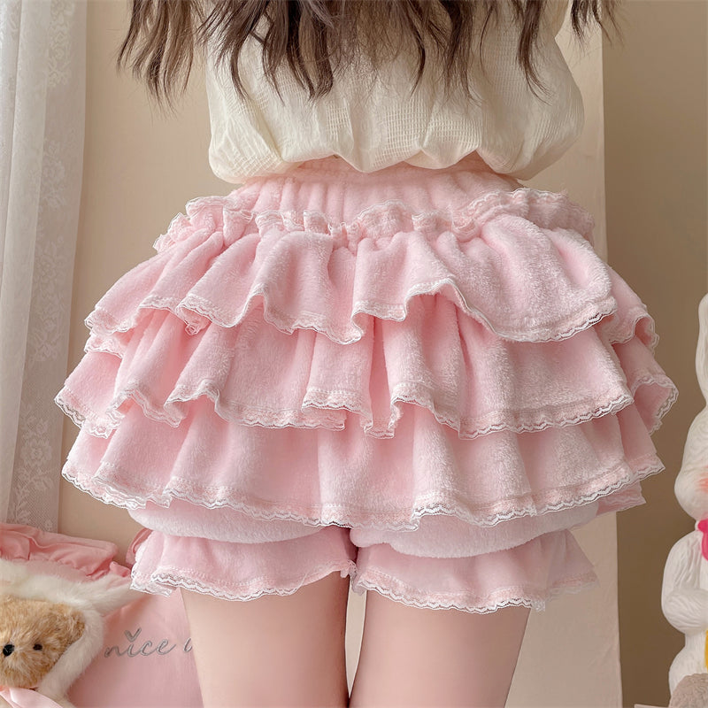 Plus Size Sweet Pink Lolita Bow Velvet Plush Pink Ruffled Bloomers Shorts - Sugarplum Store