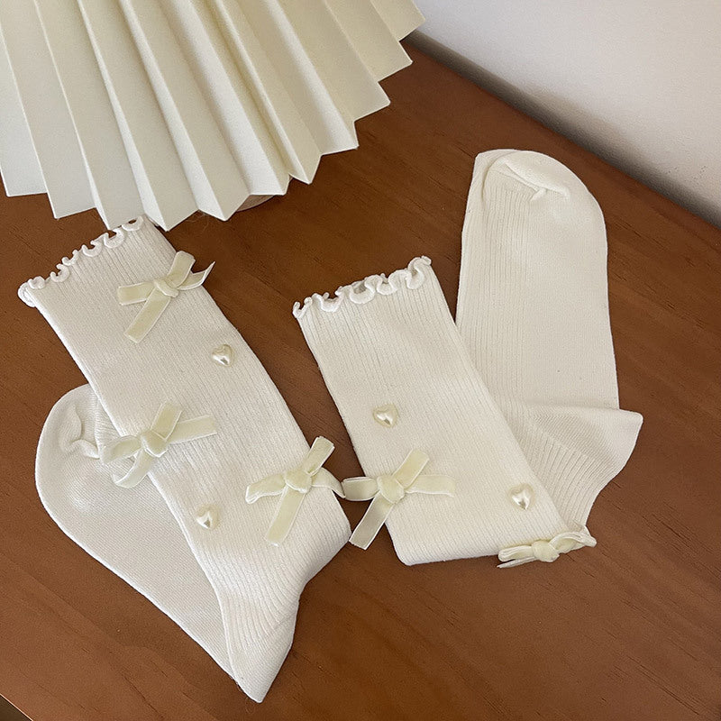 Coquette Black Bow Heart Mid Calf White Socks - Sugarplum Store