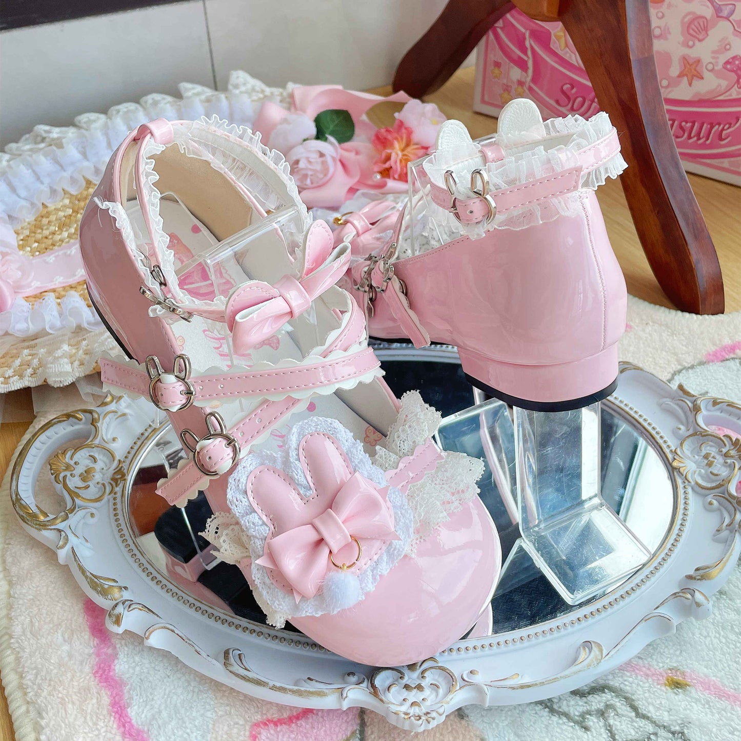 Soft Teasure Rabbit Lace Pink Blue Cream Black Mary Jane Shoes - Sugarplum Store