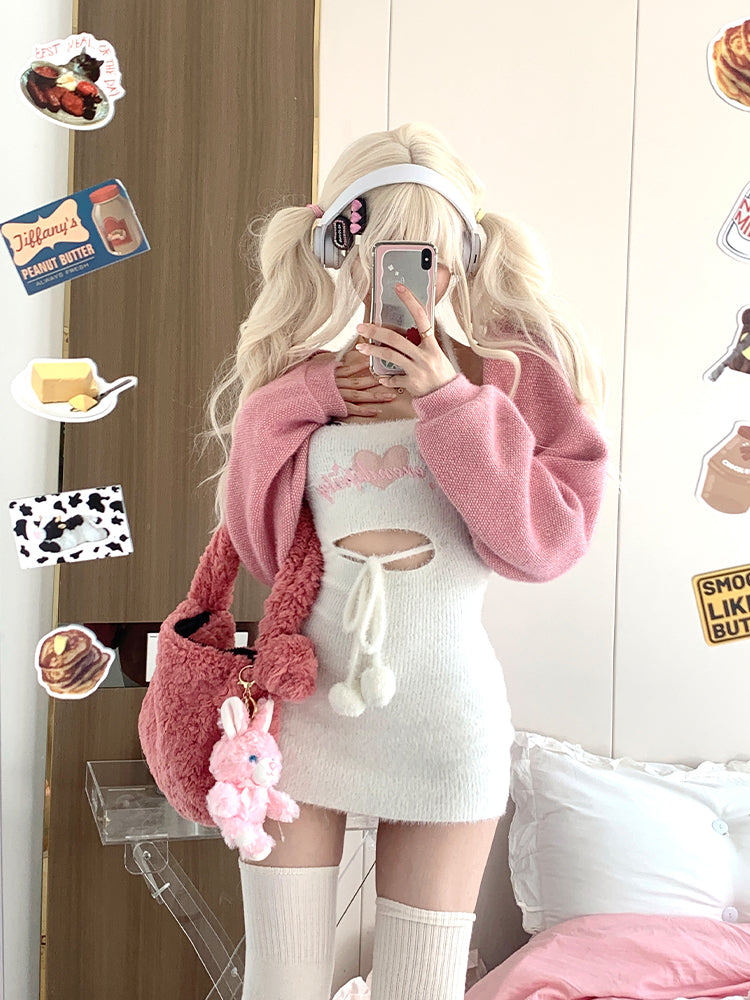 Serendipity Autumn Doll Strap Plush Pompom Balls White Bodycon Dress & Pink Cardigan Two Piece Set - Sugarplum Store