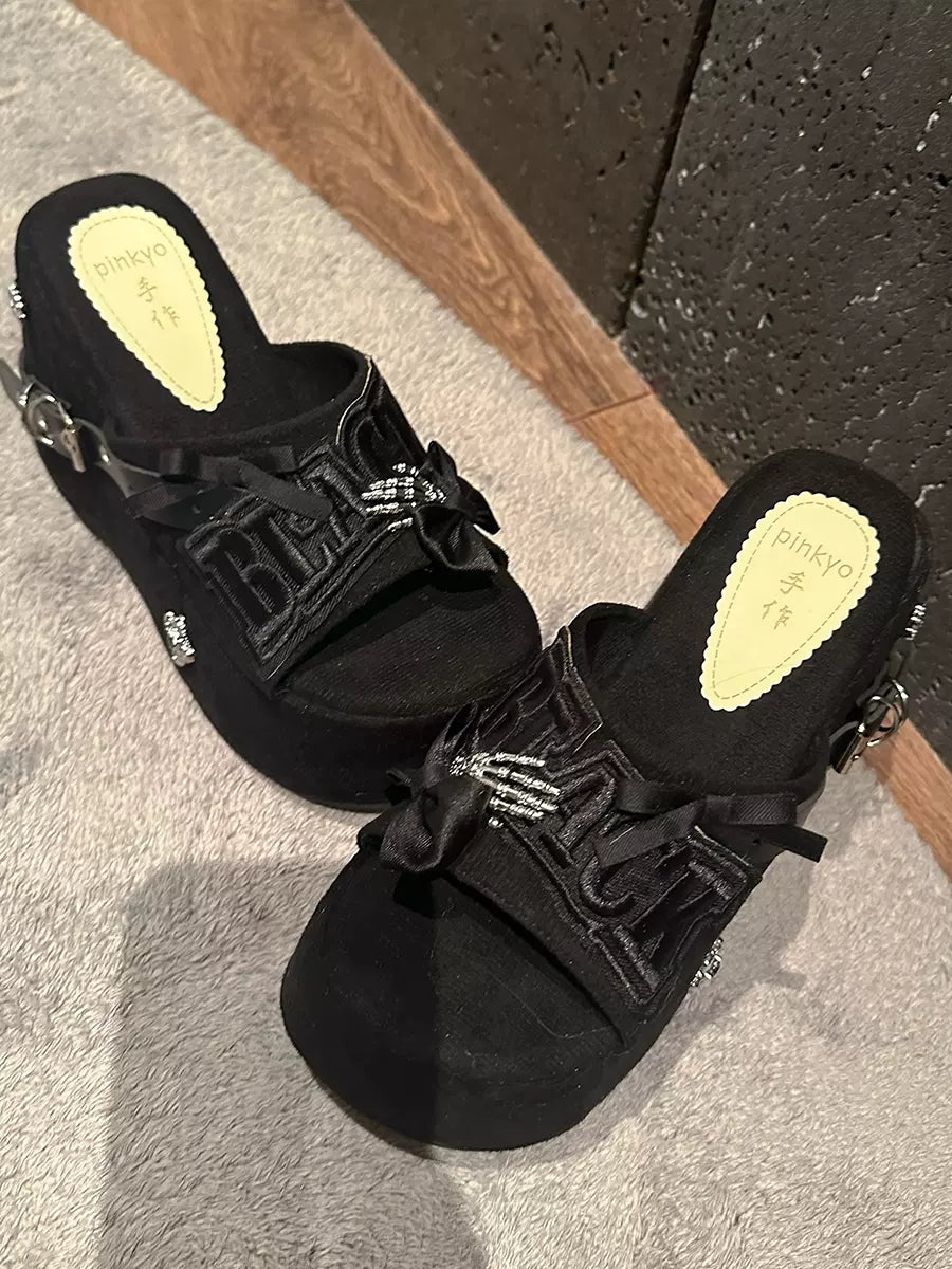 Pinky Cross Punk Black Wedges Sandals Shoes - Sugarplum Store