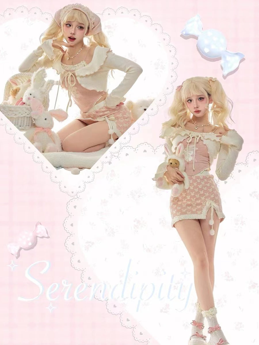 Serendipity Coquette Ruffled Cardigan & Pink Rabbit Print Camisole & Mini Skirt Three Piece Set - Sugarplum Store