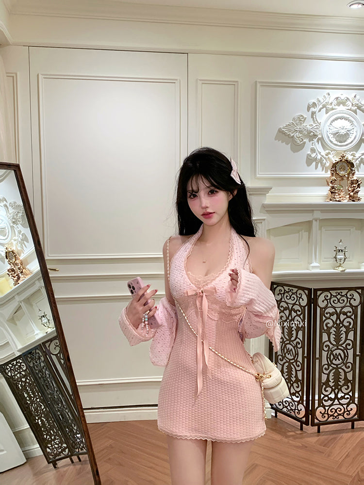 Creamy Cute Spring Date Pink Dress & Cardigan Two Piece Set - Sugarplum Store