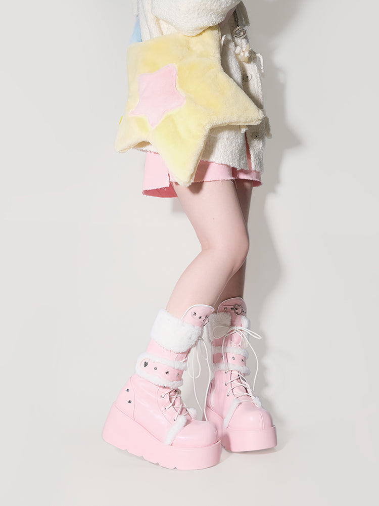 Transfer Student Snow Velvet Pastoral Pink Black White Tall Boots Shoes - Sugarplum Store