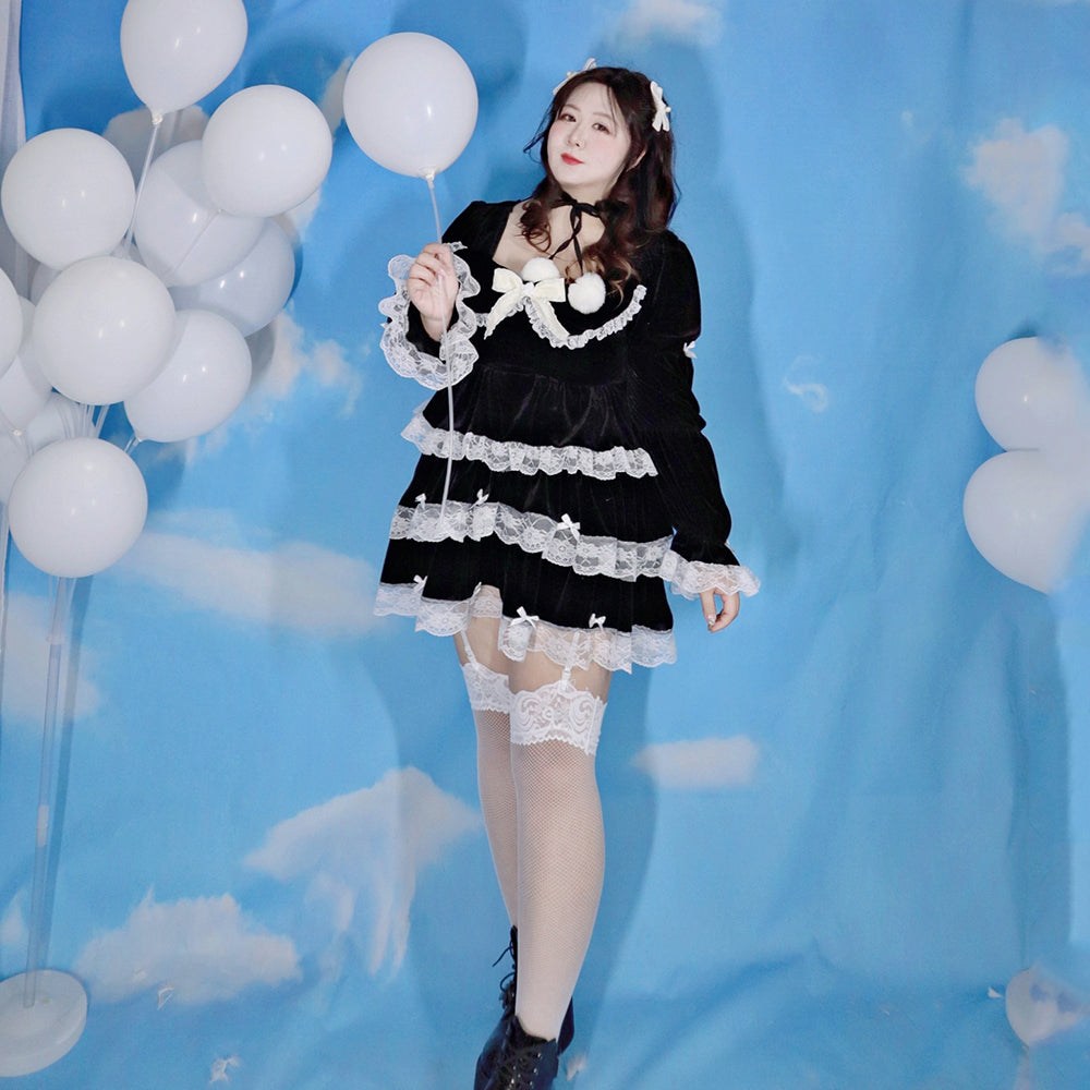 Plus Size Black & White Gothic EGL Winter Plush Velvet Long Sleeve Top & Mini Skirt Dress Two Piece Set - Sugarplum Store