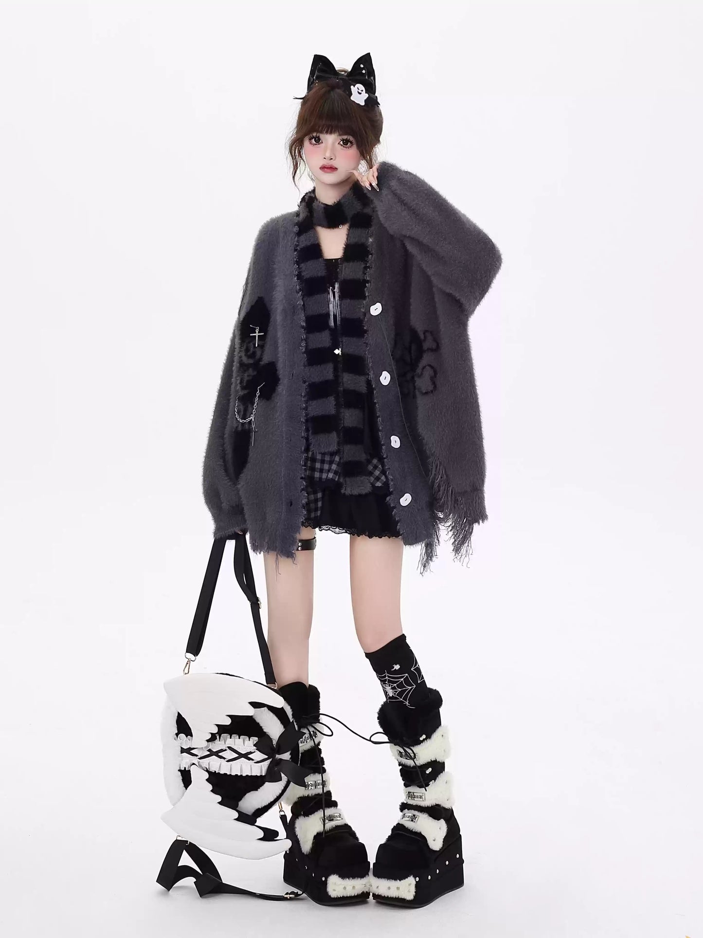 Crazy Girl Doomsday Purple Black Gray Fuzzy Sweater & Striped Scarf Set - Sugarplum Store