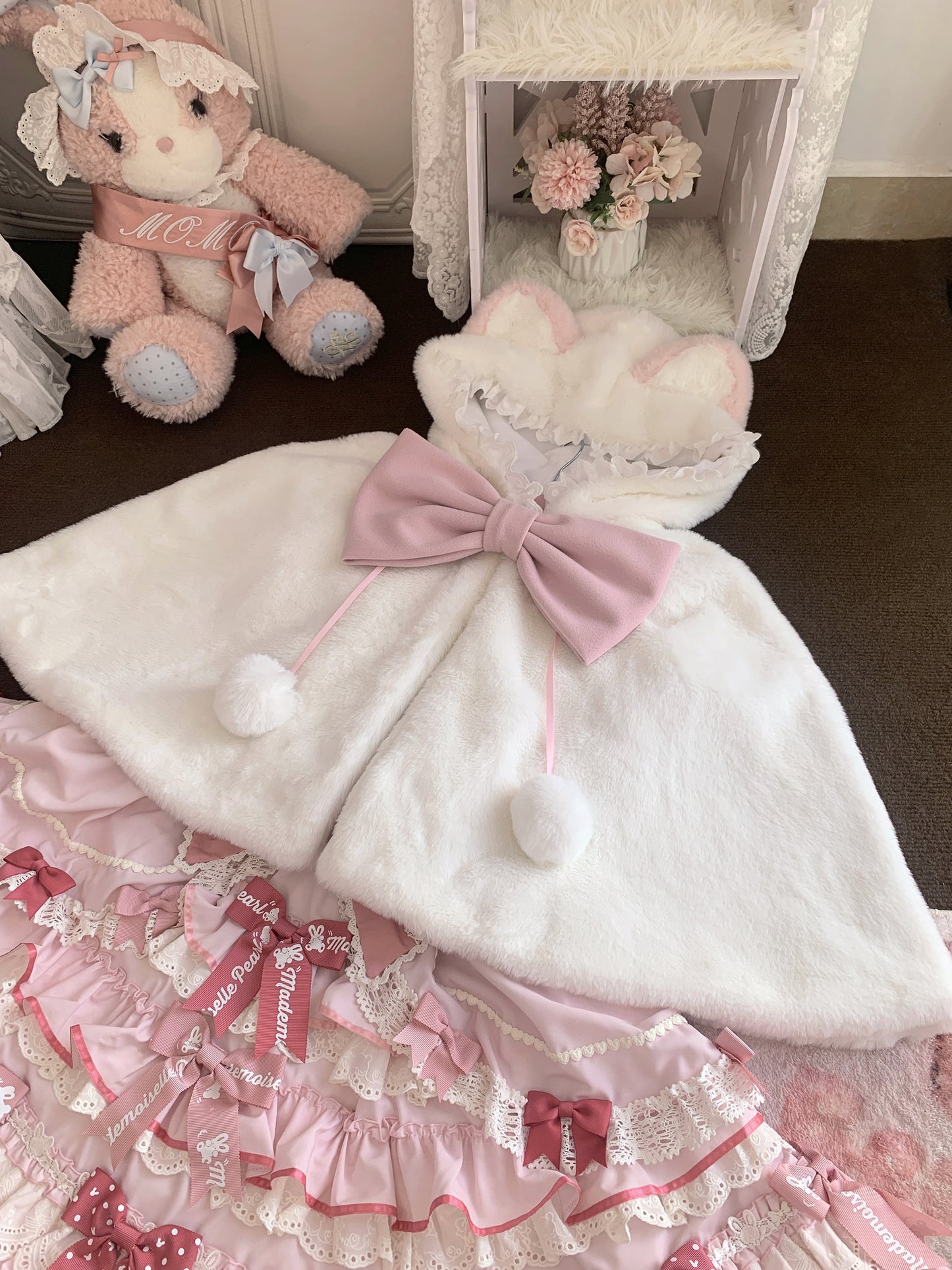 Lolita Meow Meow Car Ears White Plush Jacket Cape - Sugarplum Store