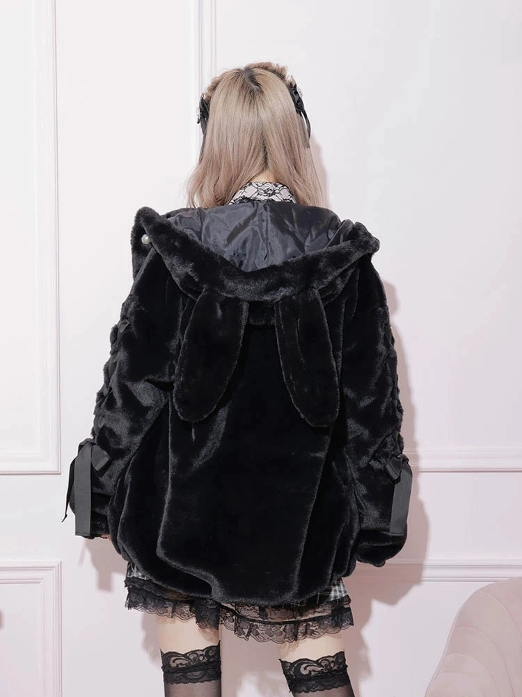 Jirai Kei Pink White Black Rabbit Ears Thick Winter Hoodie Jacket - Sugarplum Store