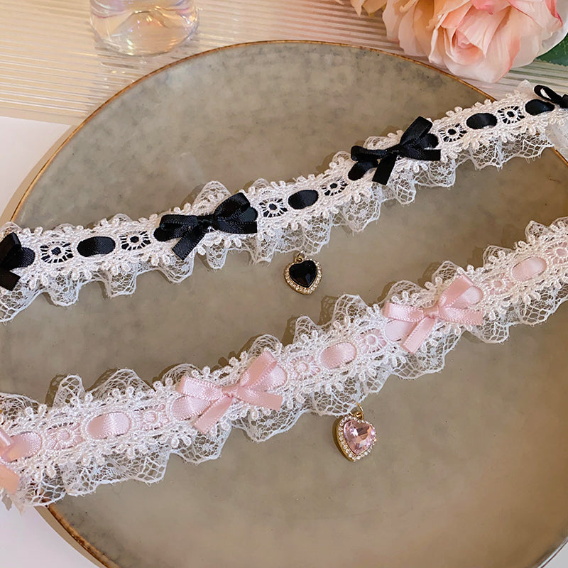 Lace Heart Pendant Pink Black Coquette Necklace Choker Collar - Sugarplum Store