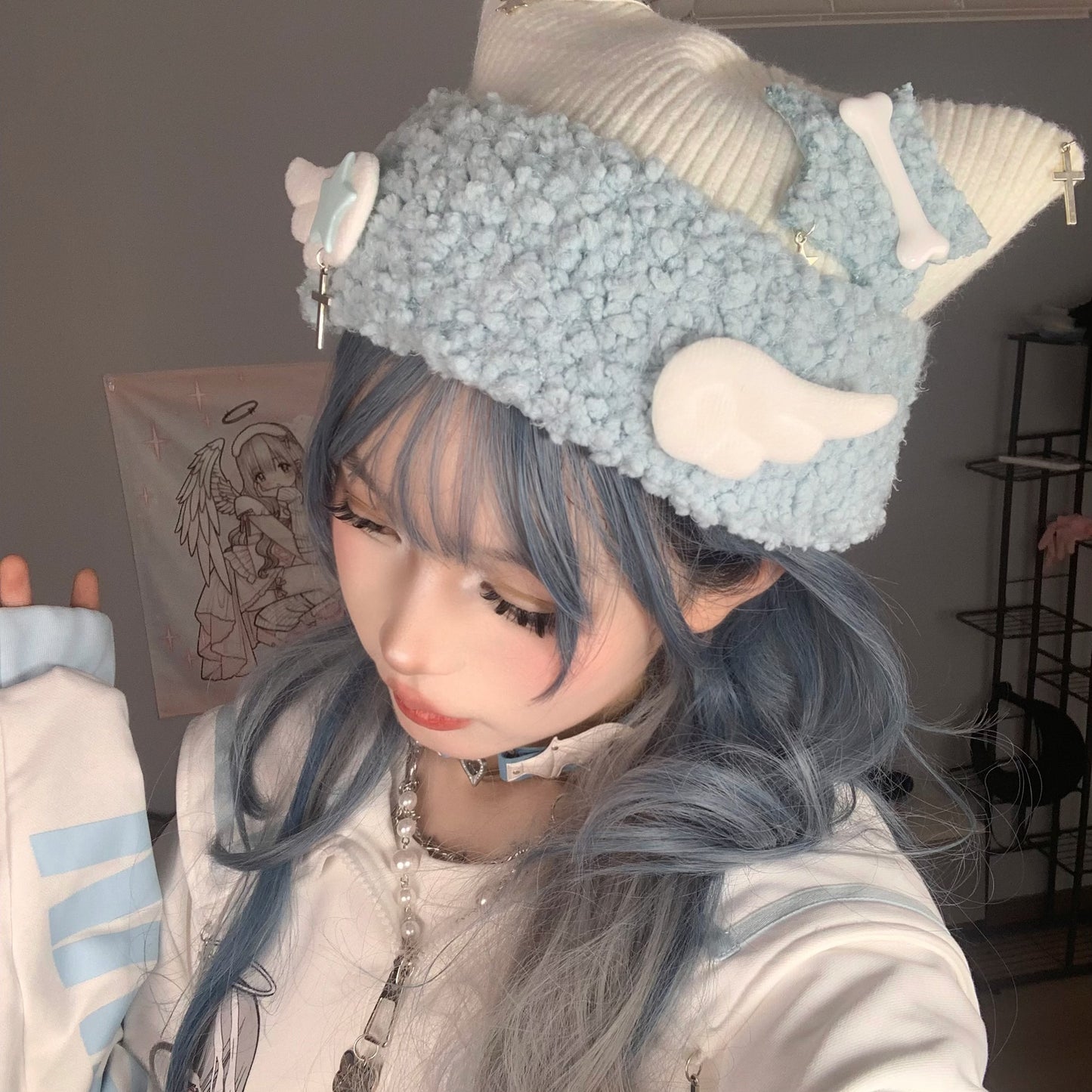Y2K Star Cross Angel Wings White Cat Ear Knit Soft Pastel Blue Beanie - Sugarplum Store
