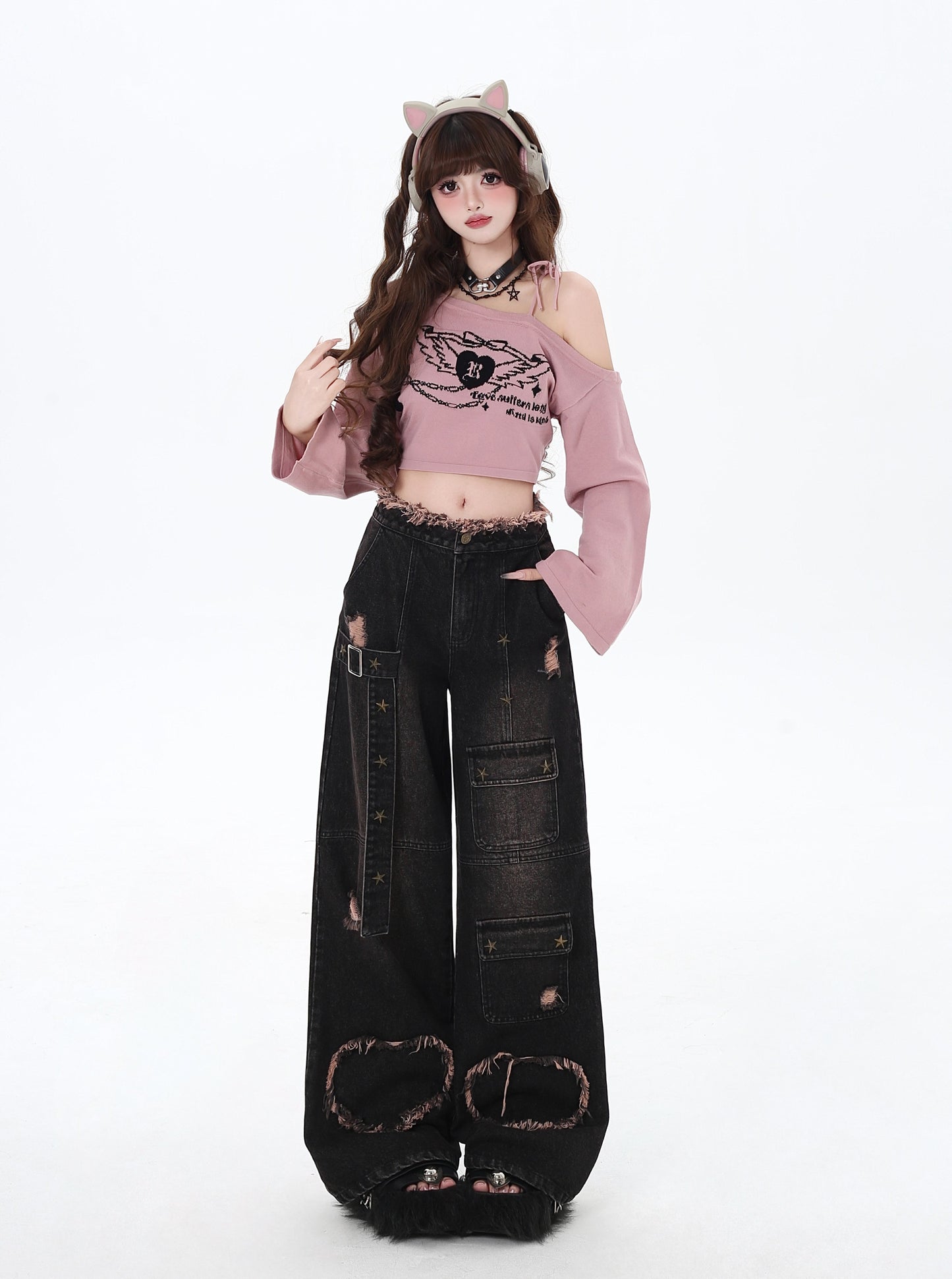 Crazy Girl Distressed Punk Black Heart Denim Baggy Pants - Sugarplum Store