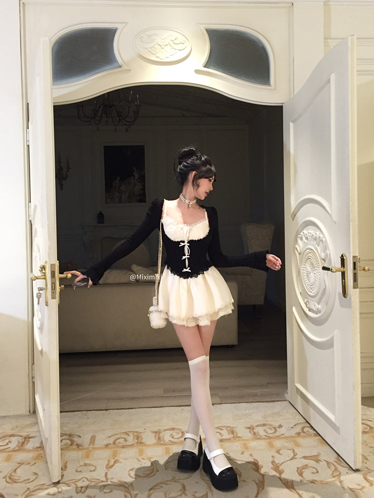 Creamy Cute Spring Cake White Dress & Black Cardigan Two Piece Set - Sugarplum Store