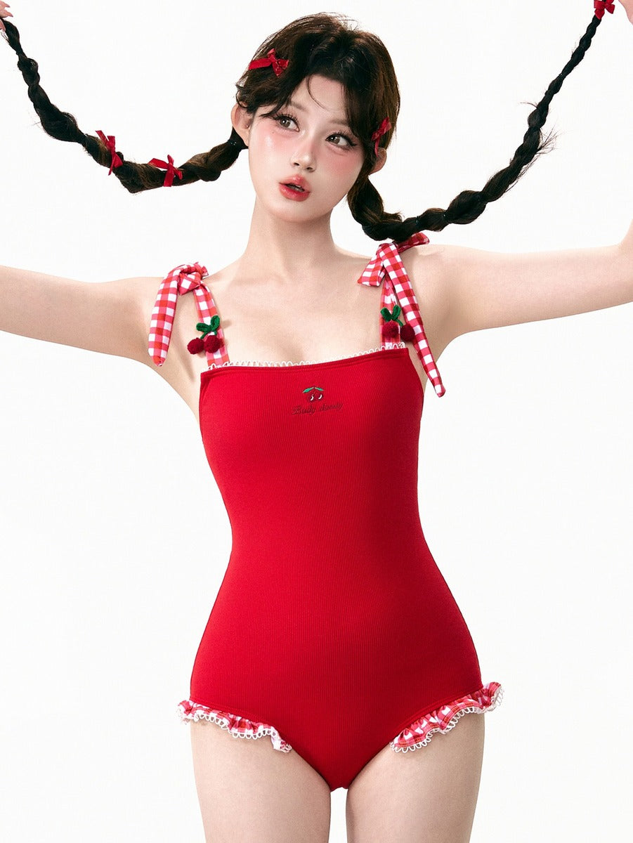 Red Cherry One Piece Skirt Swimsuit