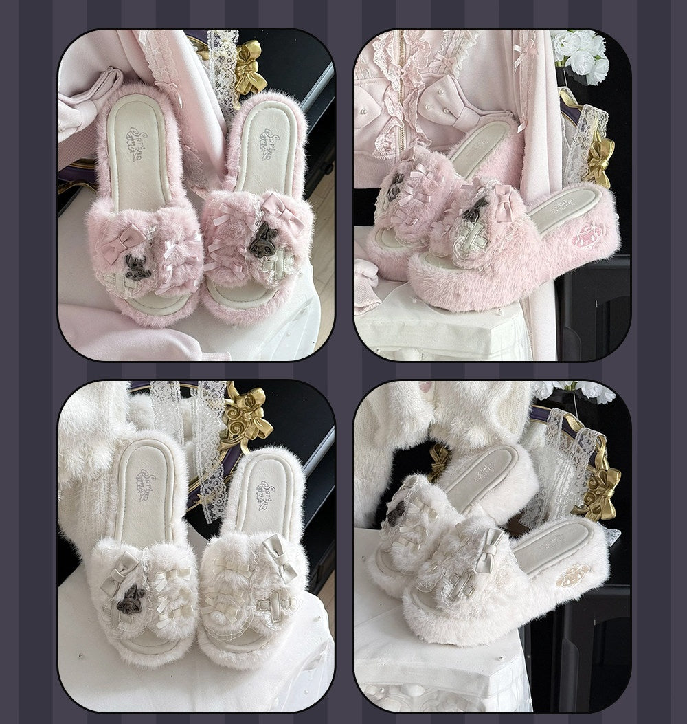 Four-panel collage showing fluffy slide sandals in two colorways: light pink with white floral embellishments and white with light gray floral embellishments. Each panel shows the shoes styled on a white surface with decorative fabric and accessories in the background.