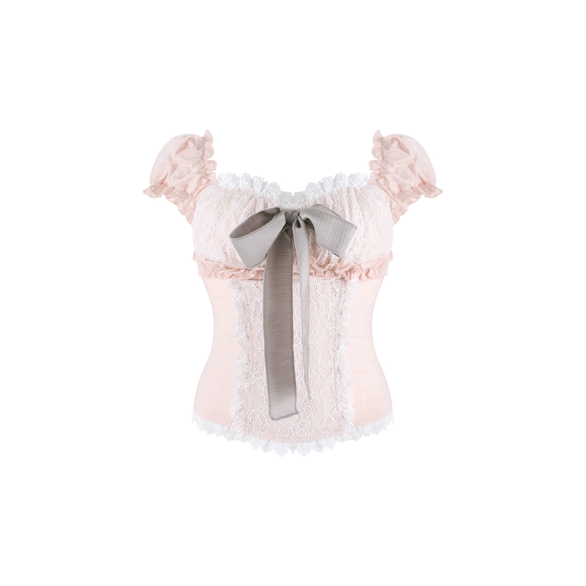 A pale pink lace corset-style top with ruffled off-the-shoulder sleeves, a large gray ribbon bow at the center front, and white lace trim along the neckline and hem, shown on a plain white background.