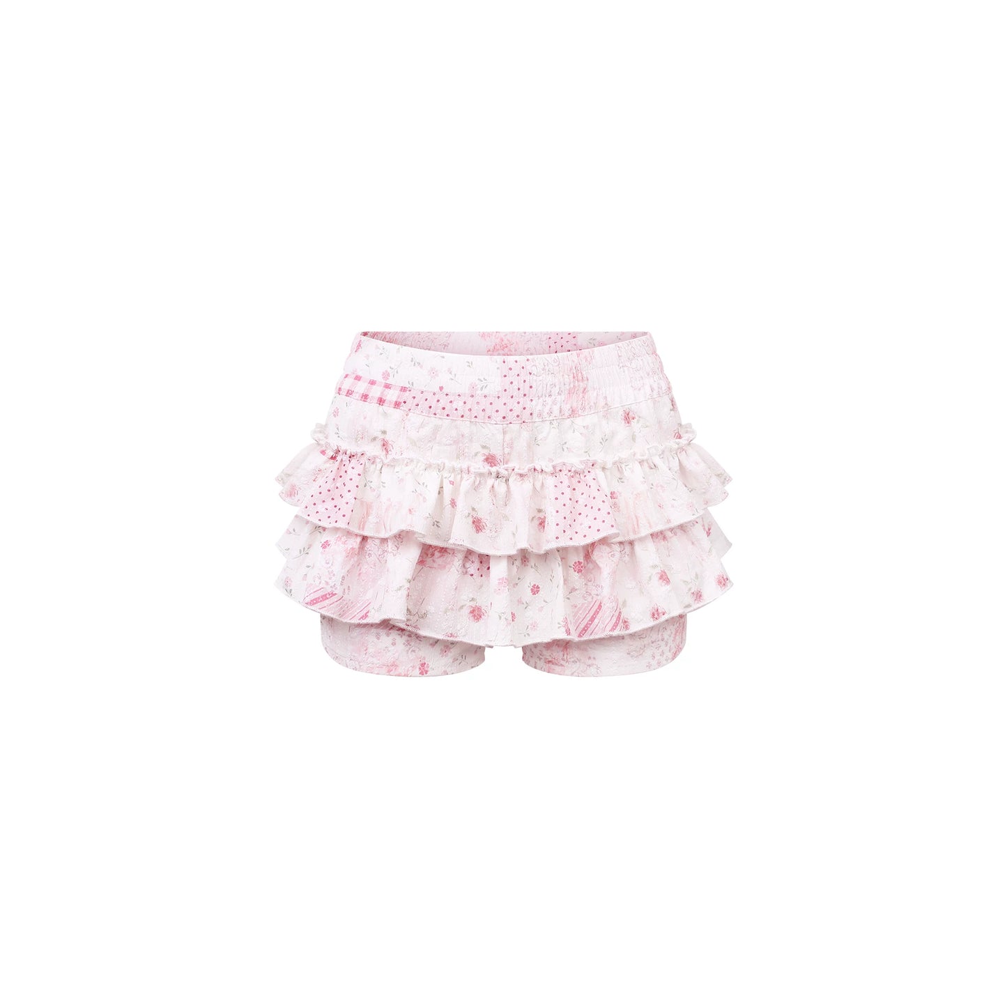 Pink ruffled bloomers with floral pattern on a white background