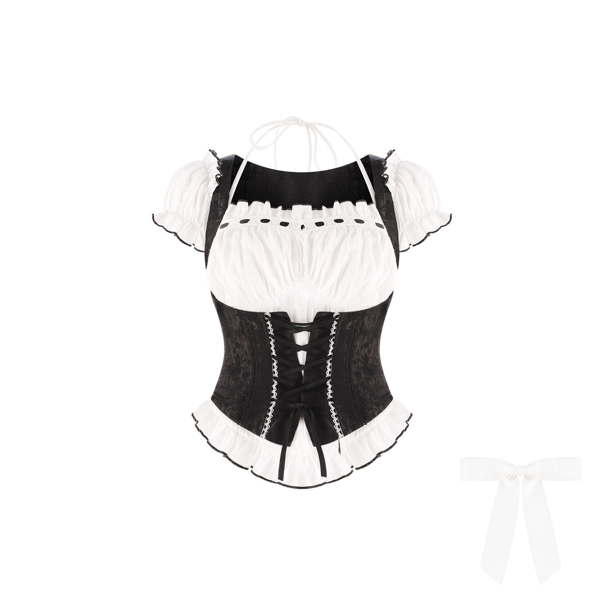 Black and white corset with puffed sleeves on a white background