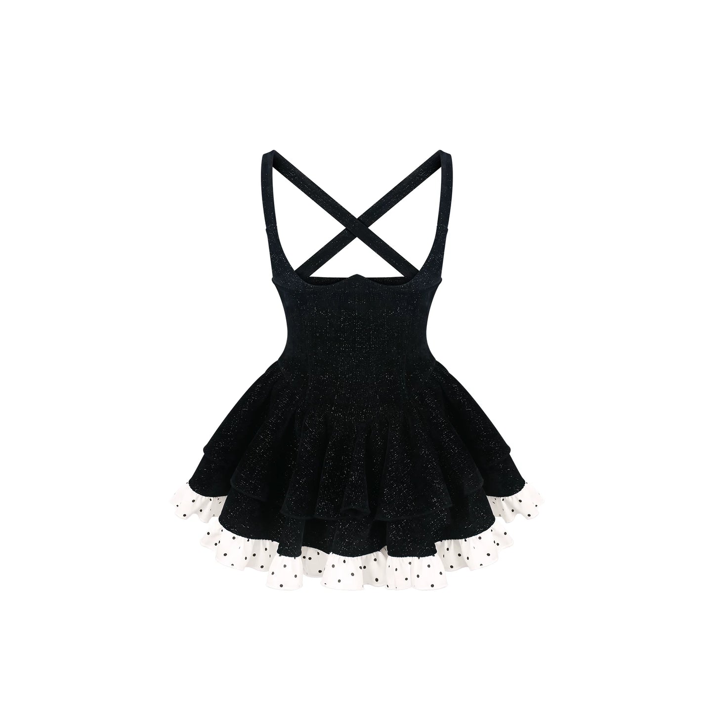 Black dress with criss-cross straps on a white background