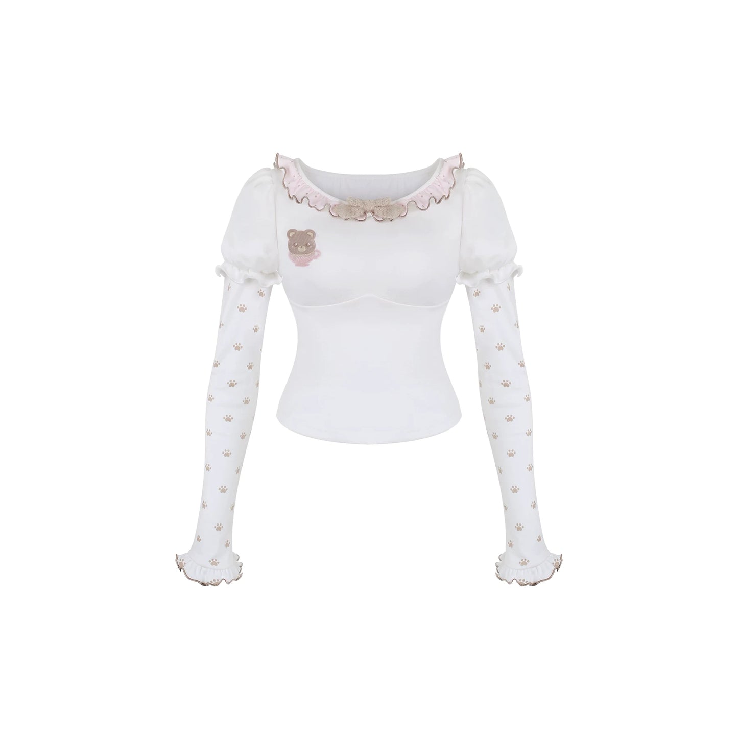 White long-sleeve top with lace details on a white background