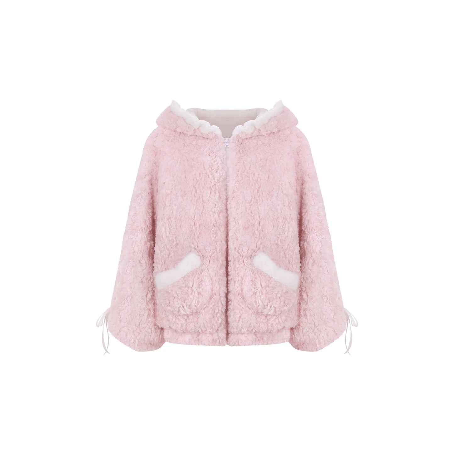 Pink fleece jacket with white accents on a white background