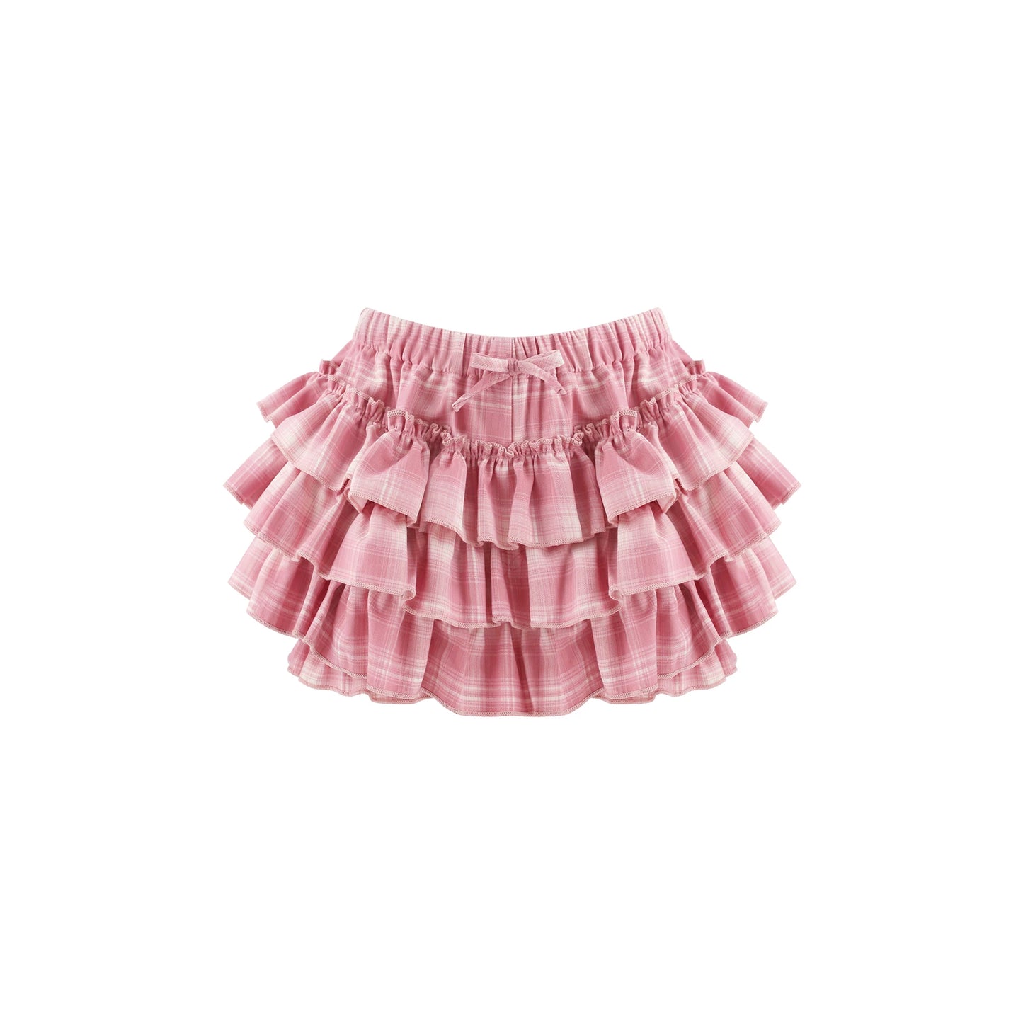A pink tiered ruffle skirt with a subtle plaid pattern, featuring an elastic waistband and a small bow detail at the center front, shown against a plain white background.