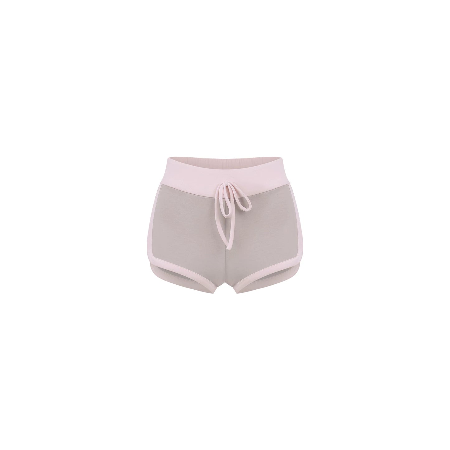 Gray shorts with pink waistband and drawstring on a white background